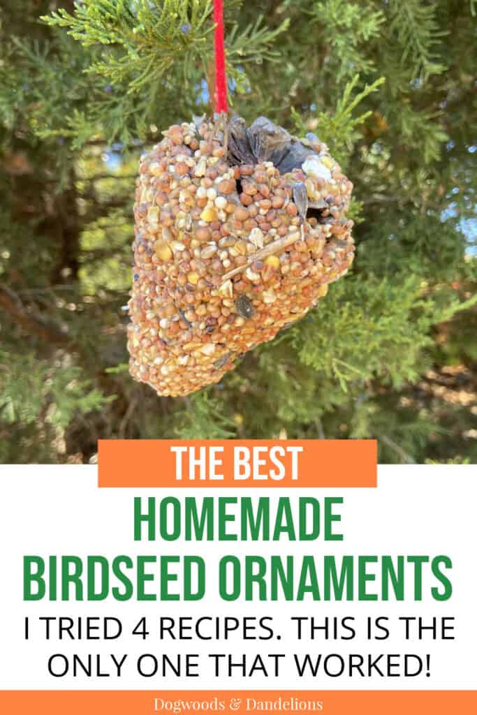 a pinecone birdseed ornament hanging in a tree with text that says "the best homemade birdseed ornaments. i tried 4 recipes. this is the only one that worked."