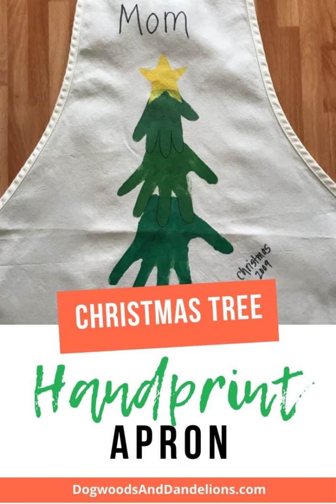 Christmas tree made from handprints on an apron.