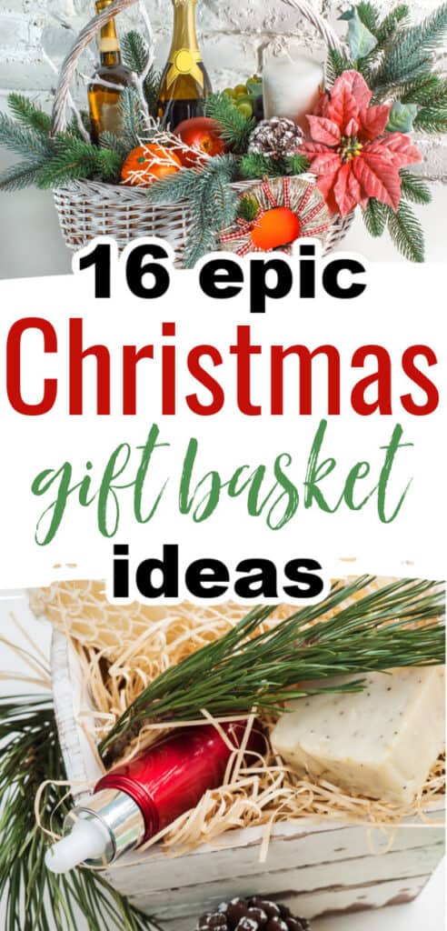 top photo is a gift basket with 2 bottles of wine and a cnadle with a poinsettia and spruce sprigs, bottom photo is a picture of gift basket with pine needles, cloth, bar of soap, and bottle of serum