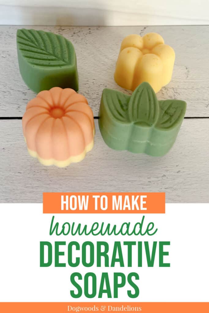 2 flower soaps and two leaf soaps with text "how to make homemade decorative soaps".