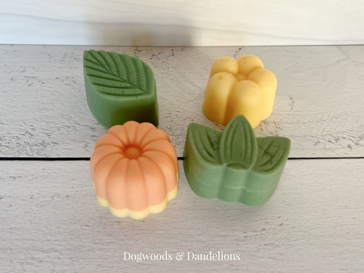 2 flower soaps and two leaf soaps.