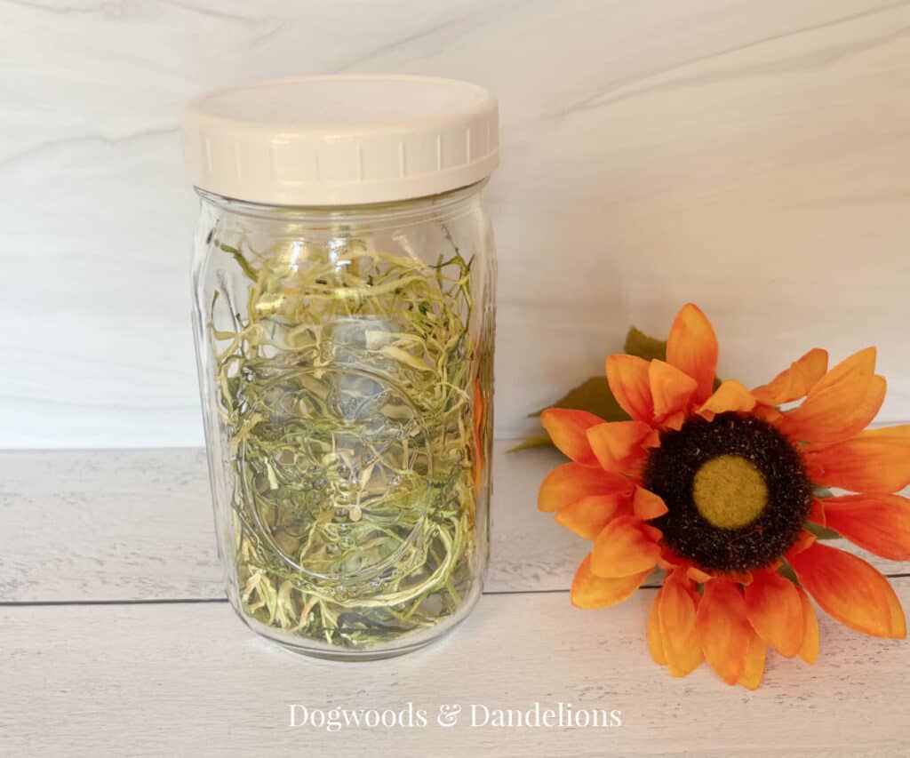 a jar of dehydrated zucchini noodles beside an orange flower