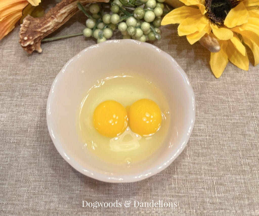 a double yolker egg in a small bowl in front of flowers.