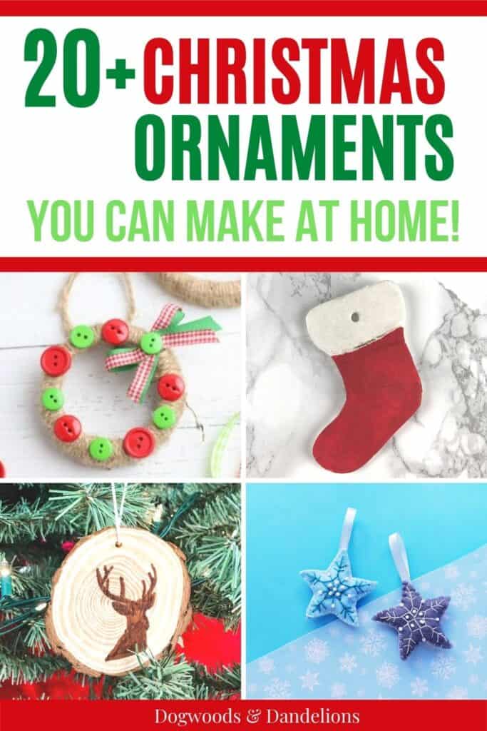 a collage of homemade Christmas ornaments-wreath, stocking, deer, and stars