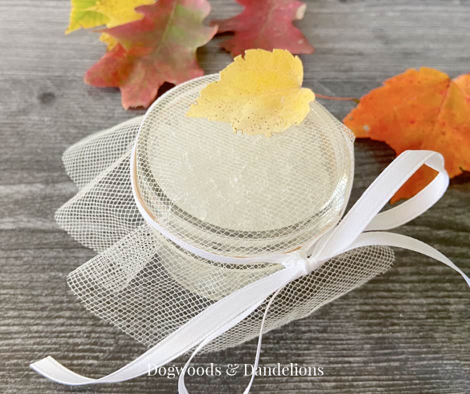 homemade gel air freshener covered with tulle, tied with a bow, and surrounded by leaves