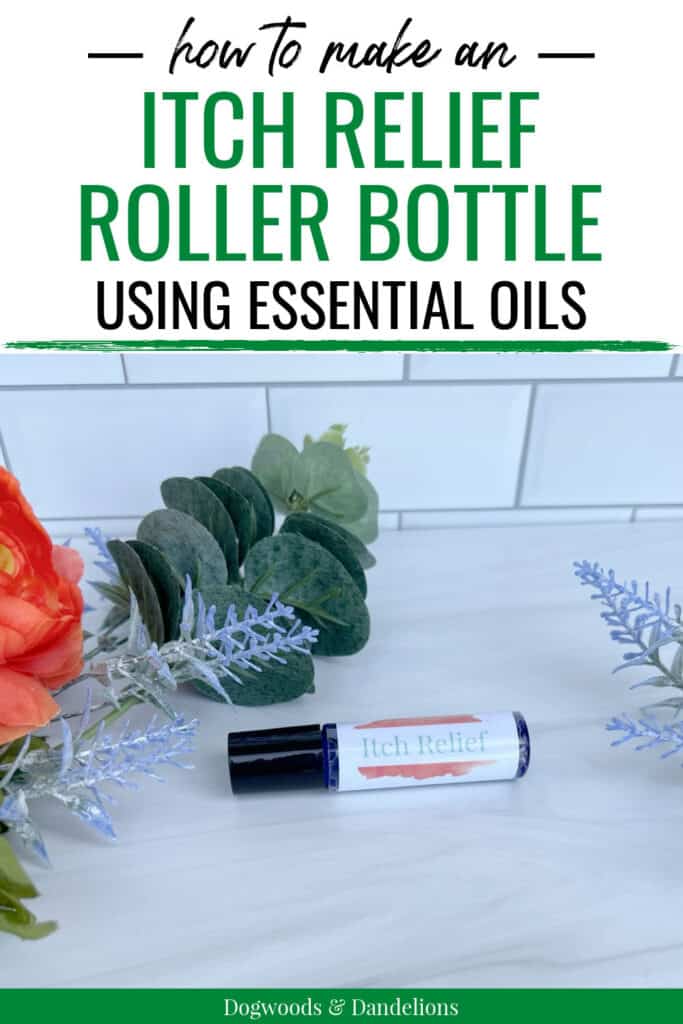 itch relief roller bottle surrounded by flowers