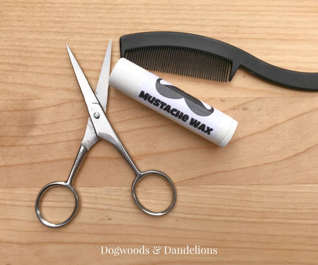 a tube of mustache wax between a pair of mustache scissors and a mustache comb.