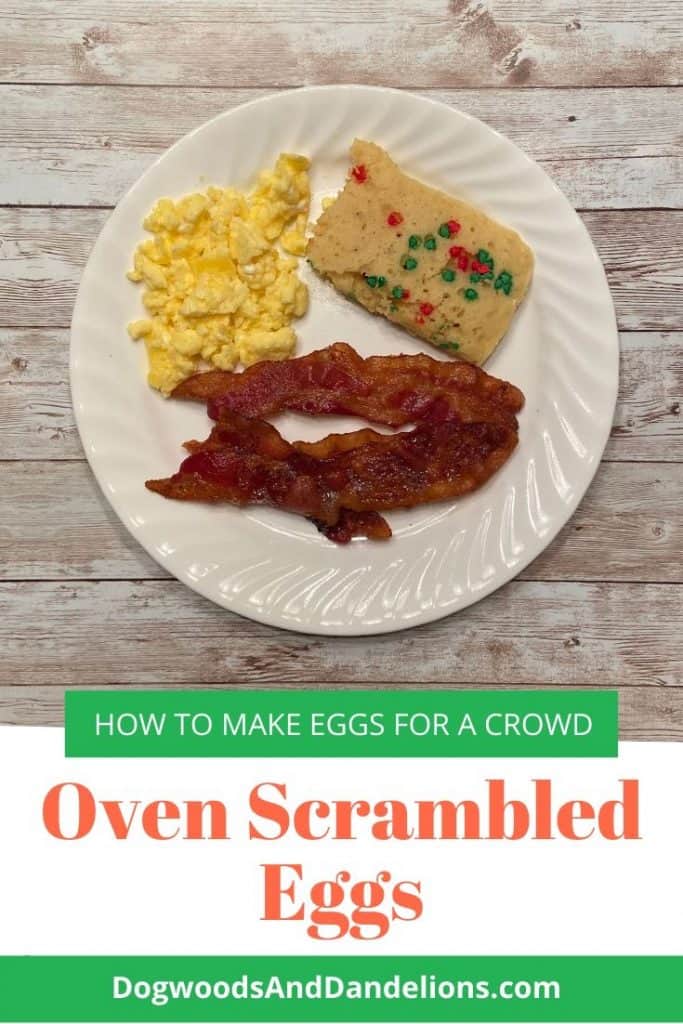 The fluffy scrambled eggs served with bacon and oven pancakes