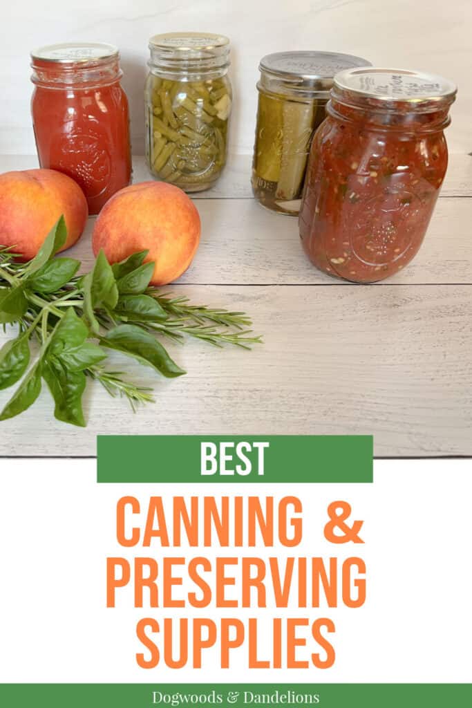 4 jars of home canned goods with peaches and herbs