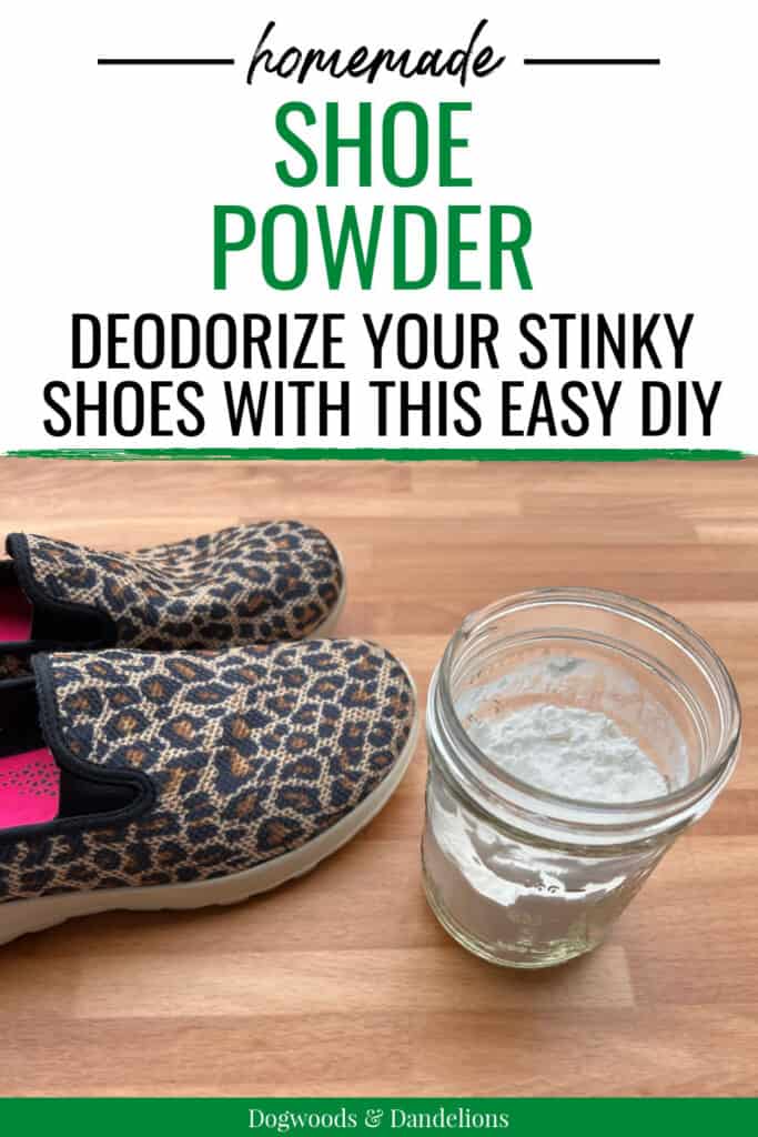 leopard print shoes beside a jar of homemade shoe powder