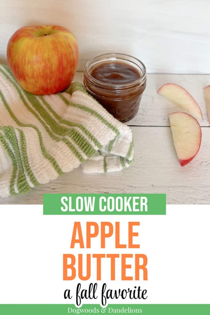apple butter, a towel, a whole apple, and apple slices