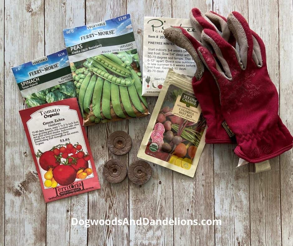 Seed starting items including seed packets, gloves, and Jiffy pellets.