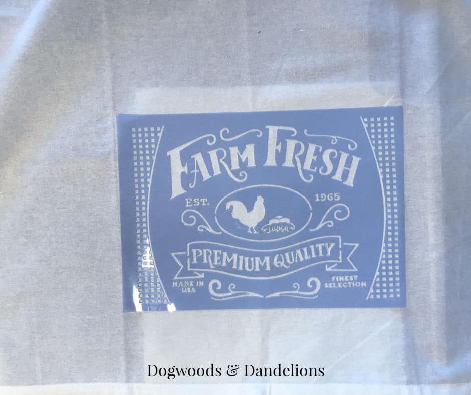 farm fresh stenciled taped to a flour sack towel