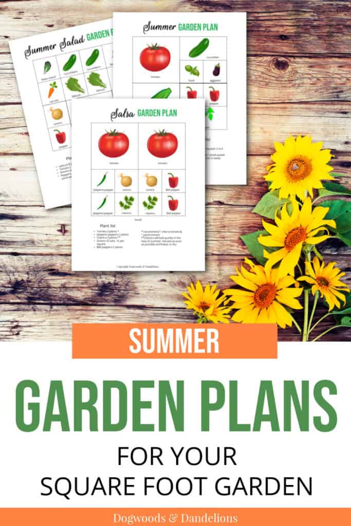 3 summer garden plans on a wooden background with sunflowers in the lower right corner