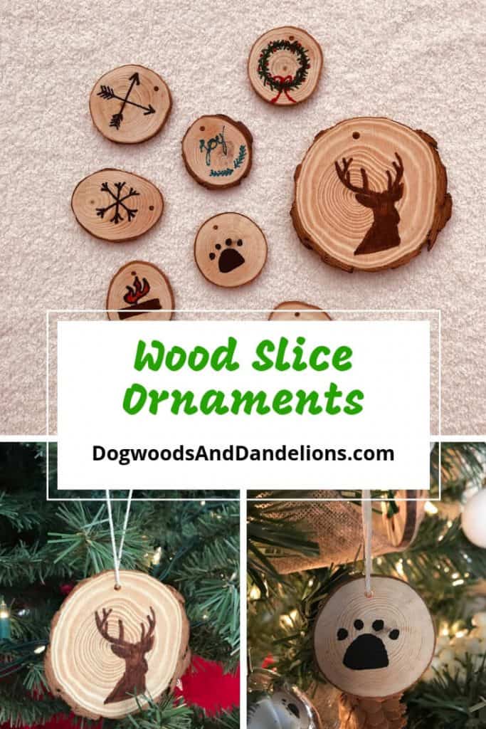 wood slice ornaments in various designs