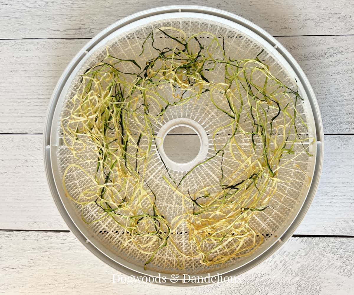 a pile of zucchini noodles after dehydrating