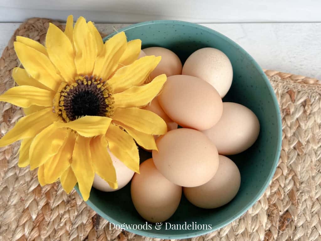 a bowl of eggs with a yellow flower on top