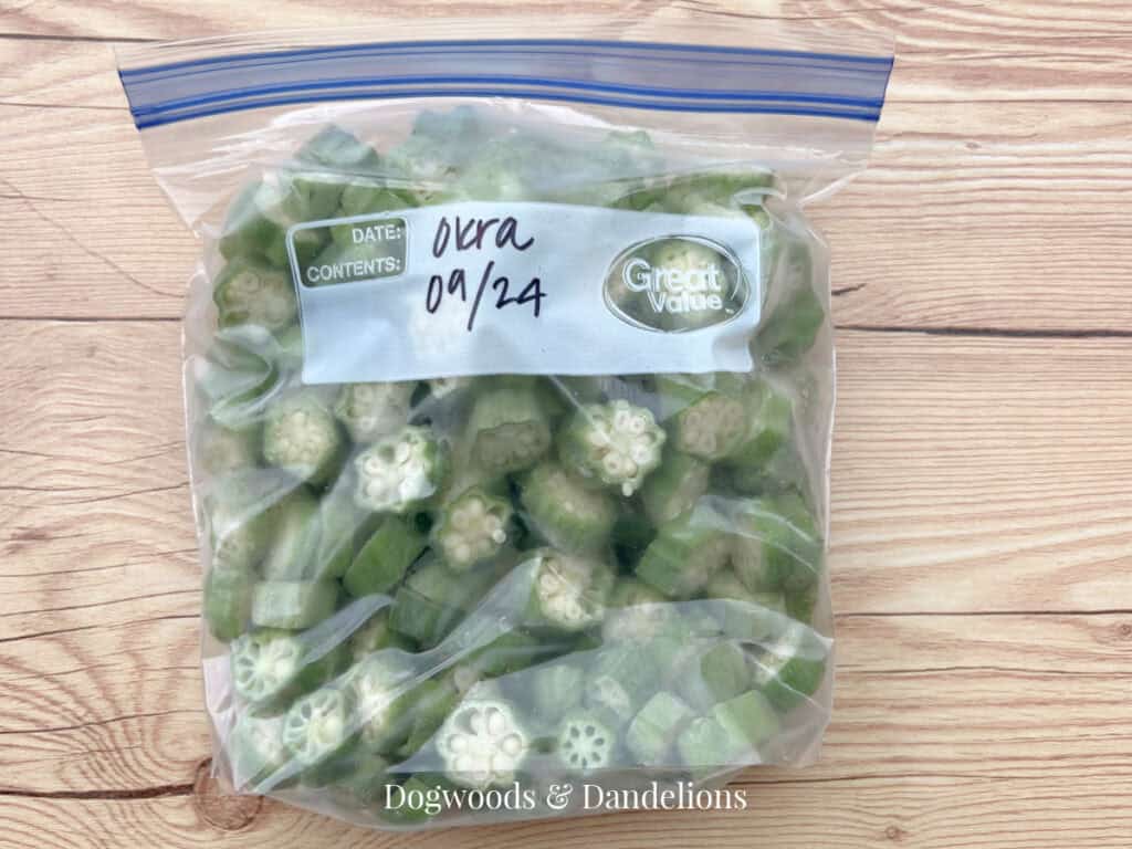frozen okra in a bag with label frozen okra 09/24