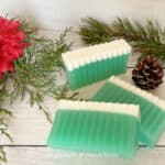 3 bars of winter forest soap surrounded by cedar, pine needles, pinecone, and a red flower